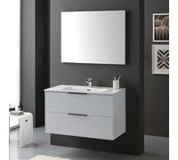 Kiamami Valentina - Mueble de baño suspendido de 90 cm Blanco Brillante con manijas Negras, Lavabo de Resina y Espejo | Parigi