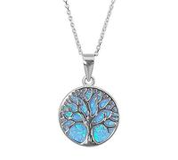 Kiara Jewellery - Cadena de corte diamante chapada en rodio de aproximadamente 46 cm con colgante de plata de ley 925 chapado en rodio con diseño de árbol de la vida sobre un disco de ópalo azul