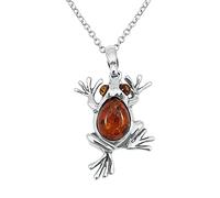 Kiara Jewellery Collar con colgante de rana de plata de ley 925, incrustado con ámbar báltico marrón en cadena de plata de ley de 45,7 cm.