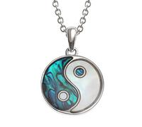 Kiara Jewellery Collar con colgante reversible Yin Yang incrustado en ambos lados con concha de abulón Paua verde azulado y nácar en cadena de 45,7 cm. Chapado en rodio., Base de metal chapada en