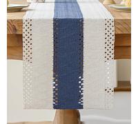 Kiatuniya Camino de Mesa Beige y Azul Marino Boho de Macramé y Ganchillo con Encaje Camino de Mesa Moderno Estilo Rústico Vintage Corto Decoración de Mesas para Bodas Fiestas al Aire Libre 30x180cm