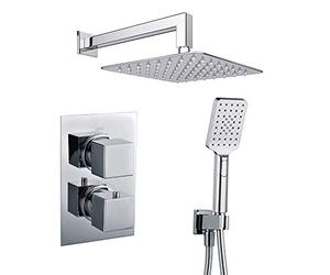 Kibath 407351 Grifo termostático empotrar Abe Salida Pared. Incluye Soporte con Toma Agua, Flexo PVC Plateado, Brazo rociador extraplano. Ducha empotrable con Acabado Cuadrado en Cromo Brillo