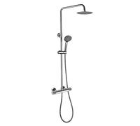 Kibath 420221 Columna termostática Lop diseño, Grifo con manetas grafiladas, con Tubo Extensible de 85 a 115 cm. Rociador extraplano de 20cm y Ducha de Mano de hidromasaje Redondos, Cromo Brillo
