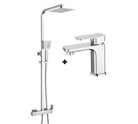 Kibath Conjunto Columna de ducha monomando CHE más Grifo de lavabo CHE .Tubo Extensible Extraplano regulable en Altura de 73 a 122 cm. Cromo Brillo, 830x1200