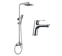 Kibath Conjunto Columna de ducha monomando SIO más Grifo de lavabo SIO, Tubo Extensible regulable en Altura de 80 a 120 cm, Cromo Brillo