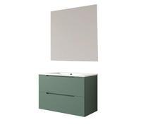 Kibath Mueble de baño con Lavabo, Espejo y Aplique LED Boreal 80x45 cm Acabado Verde Lago Mate 2 cajones suspendido