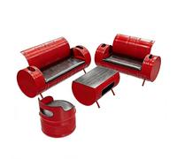 KIBONCY Industrial Barrel Furniture Set, Red Metal Oil Drum Sofa with Cup Holders, Storage Coffee Table & Chairs for Small Living Room Game Cafe(F)