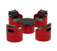 KIBONCY Industrial Barrel Table and Chairs, Heavy-Duty Metal Patio Furniture with PU Leather Cushions, Round Coffee with Storage for Balcony Game Room(I)