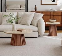 KIBONCY Mesa de Centro de Madera Maciza de Piedra Natural de Cueva, Ideal for Espacios pequeños como Salas de Estar o Casas. Mesa Baja de diseño con Borde de Madera Maciza(50+80cm)