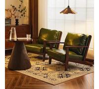 KIBONCY Mid-Century Modern Armchair, Green Leather Upholstered Chair Retro Lounge, Wooden Frame Accent for Bedroom Small Spaces(C)
