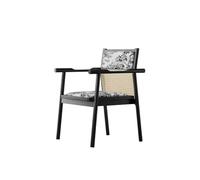 KIBONCY Mid-Century Modern Rattan Back Accent Chair, Upholstered Leaf Print Seat, Black Solid Wood Frame - Comfy Armchair for Home Office(G)