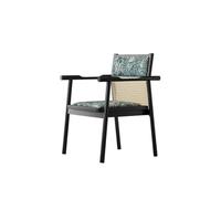 KIBONCY Mid-Century Modern Rattan Back Accent Chair, Upholstered Leaf Print Seat, Black Solid Wood Frame - Comfy Armchair for Home Office(C)