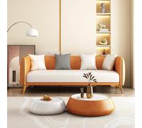 KIBONCY Mid Century Upholstered Accent Sofa, Pet Friendly Waterproof Two Tone Leather Loveseat, Gold Arm Trim Living Room Furniture for Family Office(A,124cm)