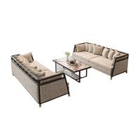KIBONCY Modern Linen Sectional Sofa Set with Black Wood Frame Round Marble Coffee Table & Upholstered Armchairs for Bedroom Reading Room(F)