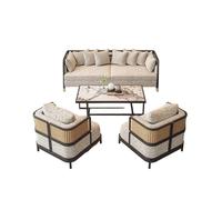KIBONCY Modern Linen Sectional Sofa Set with Black Wood Frame Round Marble Coffee Table & Upholstered Armchairs for Bedroom Reading Room(E)