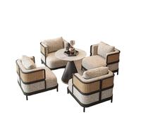 KIBONCY Modern Linen Sectional Sofa Set with Black Wood Frame Round Marble Coffee Table & Upholstered Armchairs for Bedroom Reading Room(C-70cm)