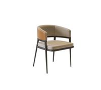 KIBONCY Modern Upholstered Dining Chair with Curved Half Ring Backrest, Linen & Faux Leather Mixed Accent Side, Sturdy Black Metal Leg Kitchen for Room(A)
