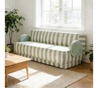 KIBONCY Retro Striped Single Seater Sofa, Mint Green & Beige Fabric Upholstered Accent Chair with Round Armrests for Living Room(Triple)