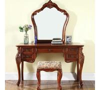 KIBONCY Tocador Retro de Madera Maciza, tocador de Maquillaje Antiguo de Mediados de Siglo, Juego de tocador for niña, Taburete tapizado con cajones y Espejo(1.2-Meter Dressing Table+Mirror+Stool)