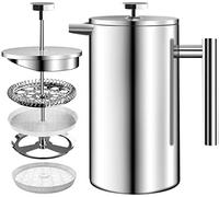 KICHLY Cafetiere Cafetera de prensa francesa de acero inoxidable de 8 tazas, prensa de café con sistema de filtración de 3 niveles, cafetera aislada de doble pared con 1 filtro adicional - 1000 ml -