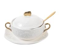 Kichvoe Cuenco de Postre Incluye Tapa y Cuchara Blanco de Cerámica con Doble Asa, Resistente al Calor y Ligero Varios estilos Adecuado para Restaurante o Mesa Varios estilos