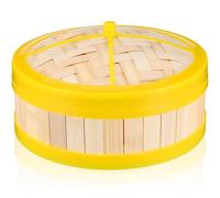 Kichvoe Vaporera de Bambú y Plástico Amarilla con Tapa para Cocinar Dim Sum y Alimentos al Vapor en Casa, Cesta Nivel Resistente y Segura de 20 Cm