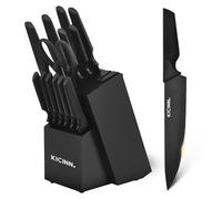 Kicinn Juego de cuchillos - Bloque de cuchillos - Utensilios de cocina - Soporte para Cuchillos - 14 Piezas - Incluye Tijeras y Afilador de Cuchillos (Negro)