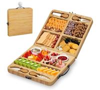 Kicinn Juego De Tabla De Queso De Bambú Plegable con 4 Cuchillos Y 6 Tenedores - Set De Regalo Extensible De Madera para Embutidos Y Queso | Bandeja De Servicio para Tapas Y Fruta