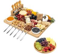 Kicinn Tabla de Quesos 35,5 x 28,5 cm - Tabla de Cortar Queso con 4 Cuchillos para Queso, 6 Tenedores, 2 Salseras y una Tabla de Servir Extra - Tabla Charcutería Bambú - Tabla de Tapas