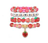 Kicomvi Pulsera de fresa para mujer, pulsera elástica con cuentas de cristal rosa, apilable, diseño de pastel de fresa, elástico, Cristal, No es una piedra preciosa