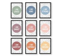 Kid Affirmations Encourage Quotes - Lienzo decorativo para pared, diseño con texto en inglés "I Am Loved Kind, Strong, Smart Brave, único, digno y capaz, impresiones suficientes, decoración de