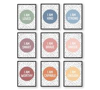 Kid Affirmations Encourage Quotes - Póster de lienzo para pared, diseño con texto en inglés "I Am Loved Kind, Strong, Smart Brave, único, digno y capaz, impresiones suficientes, decoración de