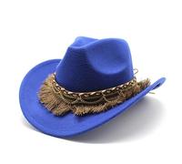 KiddiBubzi Sombrero de Copa de Fieltro con cinturón for Hombre y Mujer, Sombrero de Caballero de ala Plana, Sombrero de Jazz de Lana, Sombrero de Vaquero(Blue,61CMAdjustable)