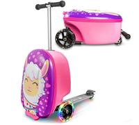 KIDDIETOTES 3-D Hardshell Ride On Suitcase Scooter for Kids - Cute Lightweight Kids Carry-On Luggage with LED Lit Wheels - Updated 2022 Wheel Design, Rosado, 13.5 Inch x 9 Inch x 20 Inch, Llama alpina