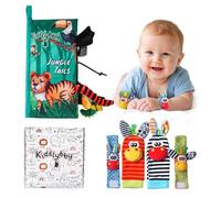 Kiddlybby Set Sensorial Premium para Bebés 0-12 Meses: Libro de Tela Interactivo Jungle Tails + Calcetines y Muñequeras con Sonajeros | Estimulación Temprana Multisensorial | Regalo Educativo