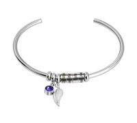 Kiddo Sky Pulsera Abierta Personalizada con Cuentas Grabadas, Brazalete de Acero Inoxidable Personalizado con Nombre de Niño/Piedra de Nacimiento/Dije de Corazón para Mamá (Plata, Hoja)
