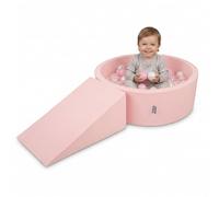 KiddyMoon Parque de Juegos de Espuma con Piscina de Bolas 90x30cm y Rampa 100 Bolas 7cm para Bebés y Niños - Rosa: Rosa Empolvado Perla Transparente