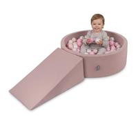 KiddyMoon Parque de Juegos de Espuma con Piscina de Bolas 90x30cm y Rampa 100 Bolas 7cm para Bebés y Niños - Brezo: Beige Pastel Rosa Empolvado Perla