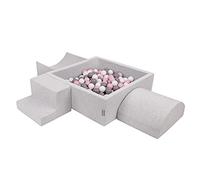 KiddyMoon Parque Infantil De Espuma con Cuadrada Piscina De Bolas (300 Bolas) para Niños, Gris Claro: Blanco/Gris/Rosa Claro