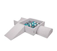 KiddyMoon Parque Infantil De Espuma con Cuadrada Piscina De Bolas (300 Bolas) para Niños, Gris Claro:Gris/Blanco/Turquesa