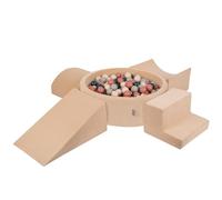 KiddyMoon Parque Terciopelo Infantil De Espuma con Rodondo Piscina De Bolas Piscina (300 Bolas) + Version 5 para Niños, Beige De Arena: Turquesa Oscuro/Beige Pastel/Gris Verde/Salmón