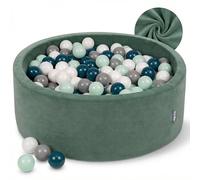 KiddyMoon Piscina de Bolas en Terciopelo para Bebés Redonda 90x30 con 200 Pelotas 7cm Zona de Juego Niños Pequeños Verde del Bosque - Blanco Gris Menta