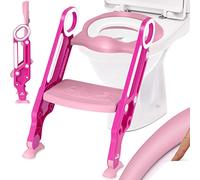 KIDIZ® Asiento de inodoro para niños, entrenador de inodoro con escaleras y asas, asiento de inodoro para niños plegable, entrenador de inodoro de aprendizaje, cojín cómodo y peldaños anchos, Rosa
