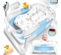 KIDIZ® Bañera para bebé, ahorra espacio y plegable, para recién nacidos, niños pequeños de 0 a 24 meses, ducha de viaje portátil para bebés, con termostato y cojín