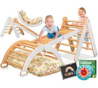 Kidiz® Juego de escalada Montessori 7en1 con arco de escalada, tobogán, triángulo de escalada de madera, incluye cojín, pizarra y reloj educativo | Parque de juegos interior para niños pequeños a