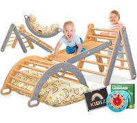 KIDIZ Montessori - Juego 7 en 1 con arco de escalada, triángulo de escalada de madera, incluye cojín, pizarra y reloj de aprendizaje, parque infantil interior para niños a partir de 1 año y niños