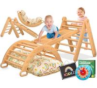 Kidiz® Montessori - Juego 7 en 1 con arco de escalada, triángulo de escalada de madera, incluye cojín, pizarra y reloj de aprendizaje, parque infantil interior para niños a partir de 1 año y niños