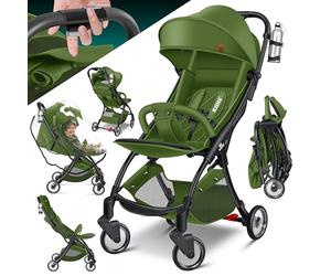 KIDIZ® Premium Silla de Paseo, Buggy, Ruedas de 360°, Arnés de 5 puntos, Incluye portavasos y protector de lluvia, Respaldo ajustable y capota, Plegable, Caqui