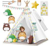 KIDIZ - Tienda de campaña infantil para niños, 100 x 100 x 160 cm, algodón, con cadena de luces LED, estrellas luminosas, guirnalda de banderas, 3 animales de peluche, alfombra y bolsa de transporte
