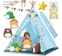 KIDIZ® Tipi Tienda de campaña para niños, 100 x 100 x 160 cm, de algodón, con cadena de luces LED, estrellas luminosas, guirnalda de banderas, 3 peluches, alfombrilla y bolsa de transporte, para
